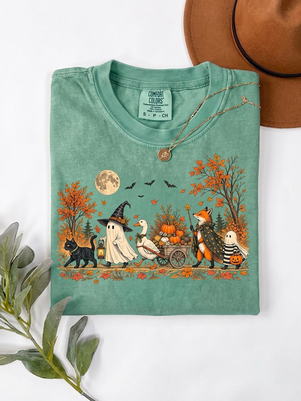 Spooky Woodland Parade Ghost Autumn Seafoam Comfort Colors T-Shirt